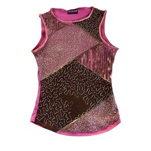Morgan de Toi Pink and Brown Sequin Beaded Sleeveless Tank Top